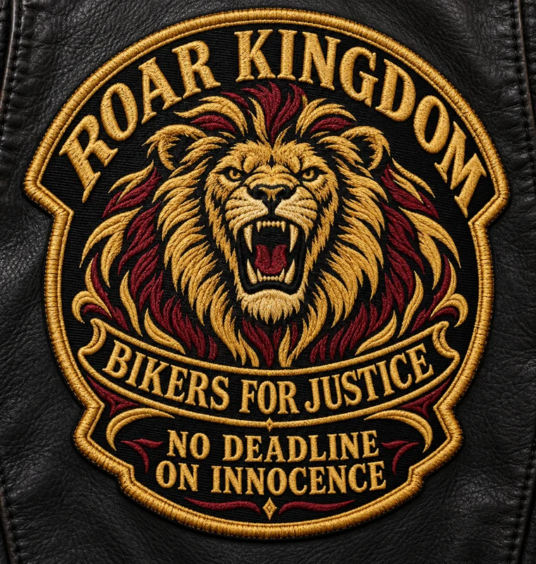 ROAR Kingdom supporter patch concept featuring a gold and burgundy roaring lion, Bikers for Justice, and No Deadline on Innocence